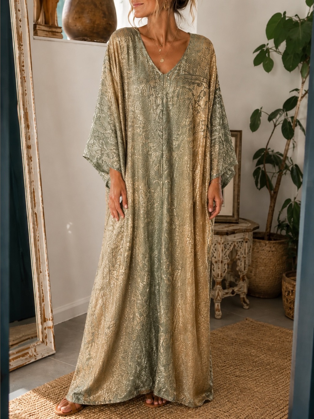 Vintage Silk Beaded Caftan Maxi Dress Gold Green‎ Metallic Embroidered India L